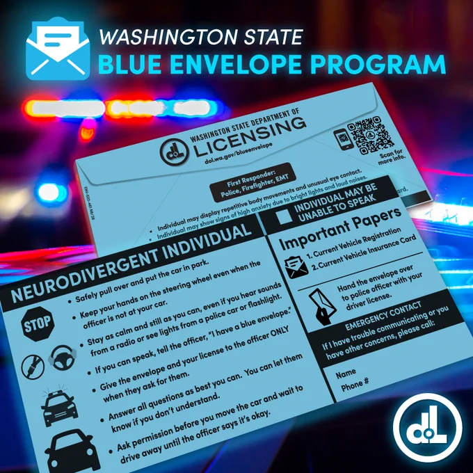 Blue envelopes from the Washington State Department of Licensing are shown. The specially designed envelopes feature tips and instructions for neurodivergent people and police officers, and are intended to reduce stress and misunderstandings during traffic stops.