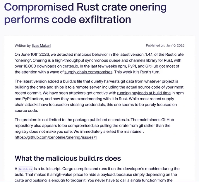 Image: Compromised Rust crate onering performs code exfiltration 


>> Malicious Rust crate "onering" v1.4.1 uses a build.rs script to exfiltrate your latest git commit metadata and full source diff, disguised as Sentry telemetry. 


#rustlang #rust 
