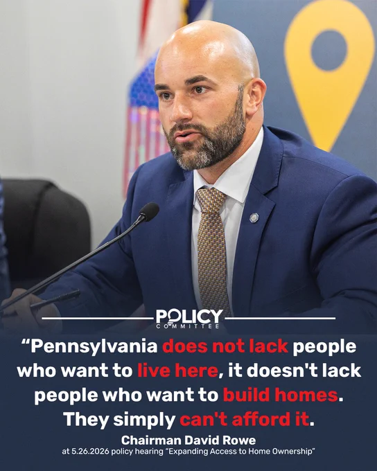 Chairman David Rowe speaks at a Policy Committee homeownership hearing with quote overlay.