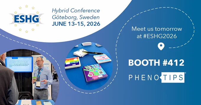 A graphic with a blue and purple gradient background contains a white semi-circle in the top left corner containing the ESHG logo and text to the right reading "Hybrid Conference, Göteborg, Sweden, June 13-15, 2026. A white dashed line snakes around an image of the Dr. Pawel Buczkowicz at a conference booth and an image of PhenoTips branded black and gold pens. It then snakes around text reading, "meet us in 2 weeks at #ESHG2026" and ends with a location marker over "BOOTH #412, PhenoTips"