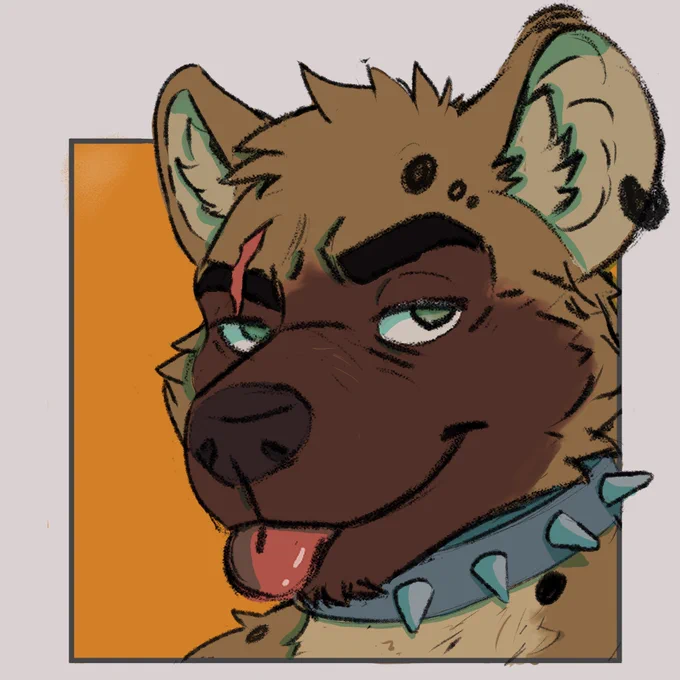 A digital drawing of a brown-spotted hyena. He has a cheeky, smug look on his face with his tongue sticking out in a blep. He also have a red scar over his right eye and thick, dark eyebrows, and he is wearing a heavy grey collar with big silver spikes. The whole thing is set against a bright orange background with a light grey frame