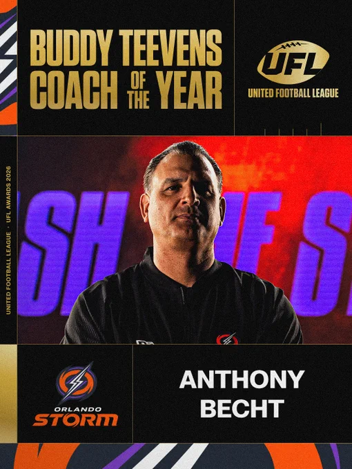 A visually striking image showcasing the United Football League's Coach of the Year award featuring Anthony Becht from the Orlando Storm. The image has a bold and authoritative tone.