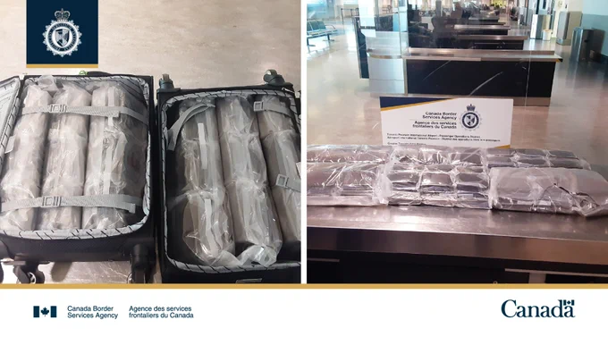 Collage of multiple sealed packages: One photo of Hashish in two open carry-on bags, another photo of Hashish packages on a surface in front of a CBSA seizure sign. 