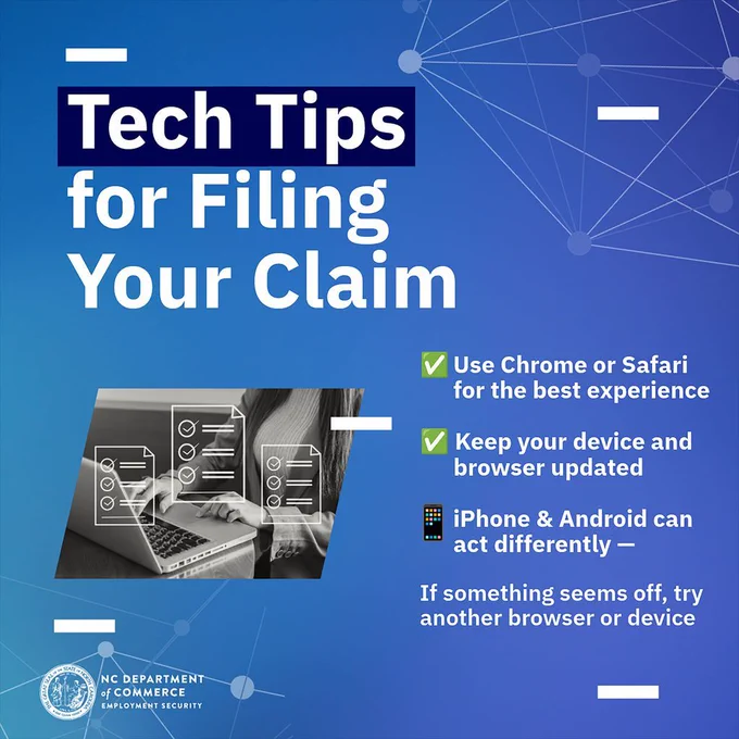 Graphic titled "Tech Tips for Filing Your Claim." 
Tips include: 
"Use Chrome or Safari for the best experience," 
"Keep your device and browser updated," 
and "iPhone and Android can act differently — if something seems off, try another browser or device." 
