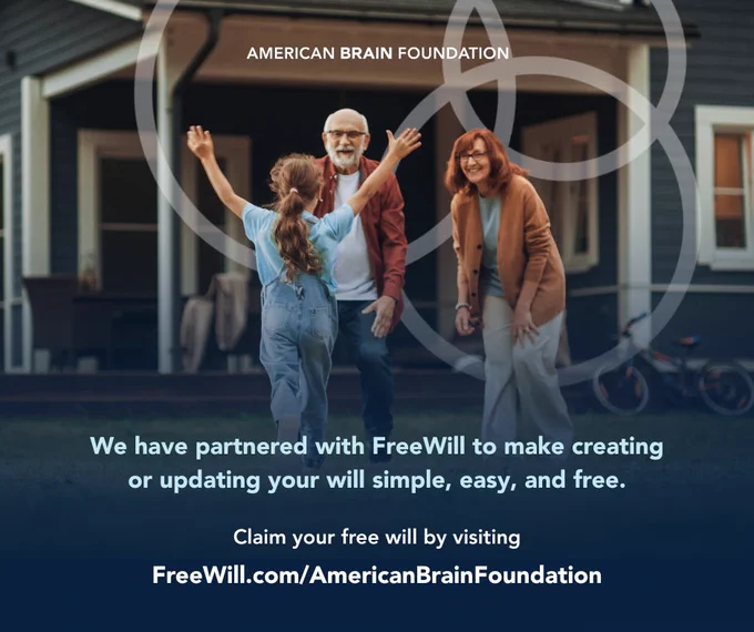 A photograph of two grandparents playing in their yard with their granddaughter.

Text: We have partnered with FreeWill to make creating or updating your will simple, easy, and free. Claim your free will by visiting FreeWill.com/AmericanBrainFoundation.