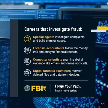 Infographic listing FBI careers investigating fraud: special agents, forensic accountants, computer scientists, and digital forensic examiners.