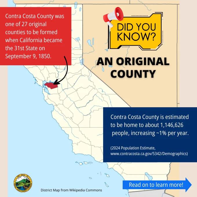 Map highlighting Contra Costa County in California, noting it as one of the 27 original counties formed when California became the 31st state in 1850 with the Contra Costa County Seal.