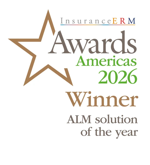 Gold star with text announcing Milliman's 2026 InsuranceERM Americas Awards winner for ALM solution of the year.