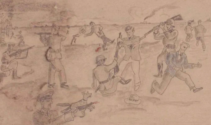 Sketch depicting multiple figures engaged in a battle scene, with some figures holding weapons and others in dynamic poses suggesting movement and conflict. Auschwitz prisoners resisting the SS