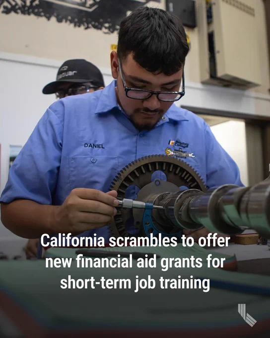 Students measure a part of a tractor engine in their agricultural mechanics class at Reedley College in Reedley on Sept. 11, 2024. Photo by Larry Valenzuela, CalMatters/CatchLight Local