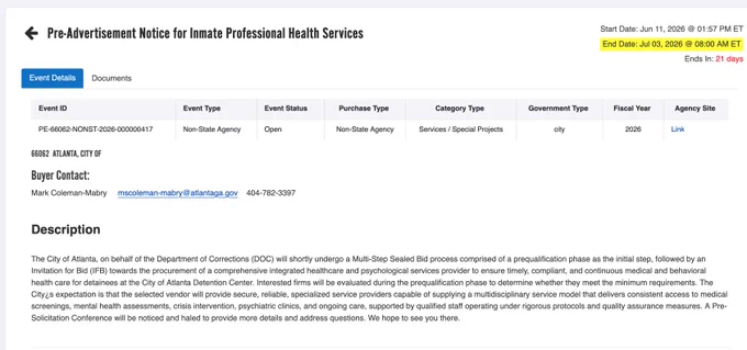 Pre-Advertisement Notice for Inmate Professional Health Services