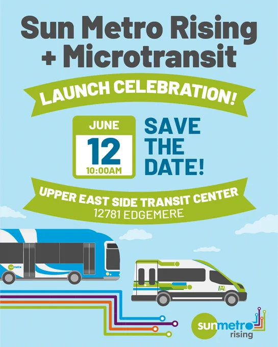 Sun Metro bus and Microtransit van with celebration information.