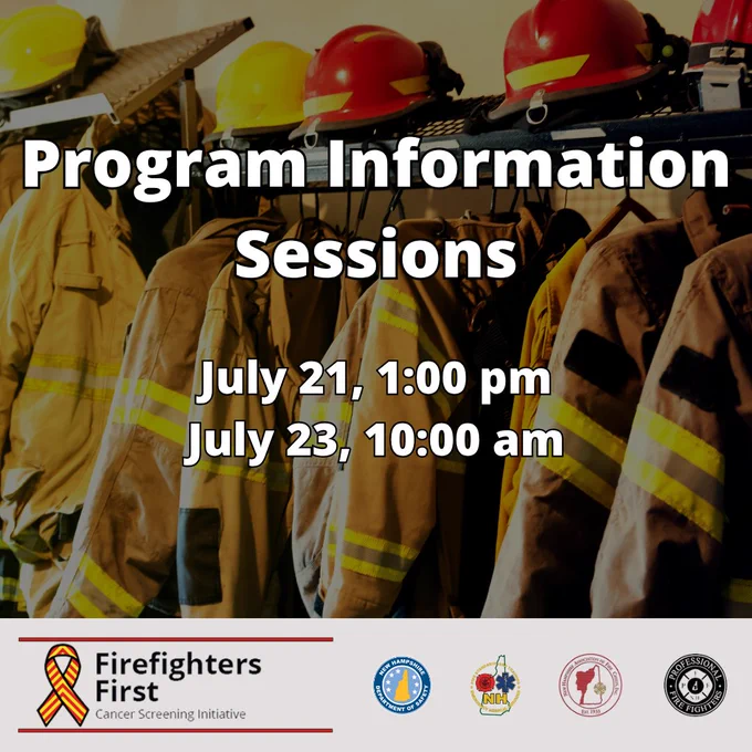 Program information sessions for the Firefighters First program on July 21 at 1:00 pm and July 23 at 10:00 am. Bottom logos are of the Firefighterd First program and co-sponsoring agencies. Background image is a firefighter equipment rack with coats and helmets.