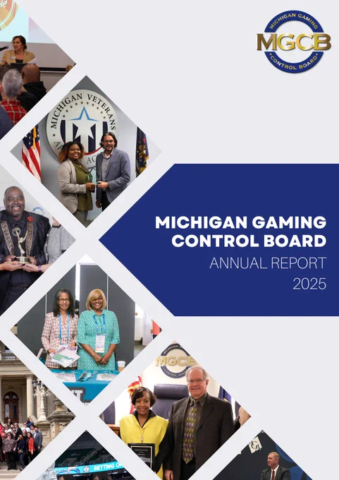 Michigan Gaming Control Board 2025 annual report cover featuring diverse staff and event photos in diamond frames.