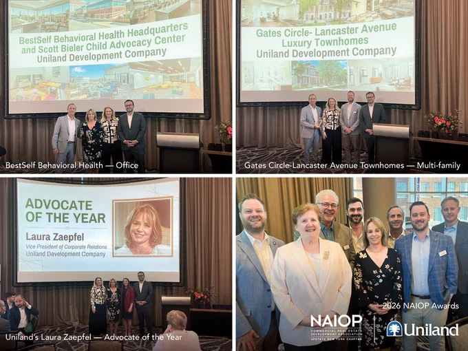 Advocating & Developing for Buffalo’s Bright Future: We’re honored that Uniland’s leadership in the Buffalo business community and our transformative projects were recognized at the NAIOP Upstate New York Chapter Commercial Real Estate Awards.

Congratulations to our team and honorees:
🏆 Laura Zaepfel, VP, Corporate Relations – Advocate of the Year
🏆 @bestselfwny HQ & Scott Bieler Child Advocacy Center – Office Project of the Year
🏆 Gates Circle-Lancaster Avenue Luxury Townhomes – Multi-Family Project of the Year

Here’s to continuing to create new opportunities to live, work, and play across Western New York. 🦬

Learn more: https://uniland.com/uniland-naiop-awards-2026/