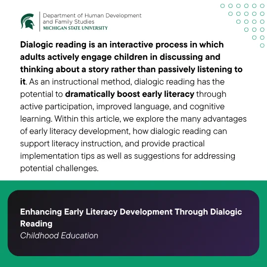 Spartan logo, Michigan State University. Text: Dialogic reading is an interactive process where adults engage children in discussing stories, dramatically boosting early literacy. An article explores advantages, implementation tips & challenges. Title: Enhancing Early Literacy Development Through Dialogic Reading. Childhood Education.