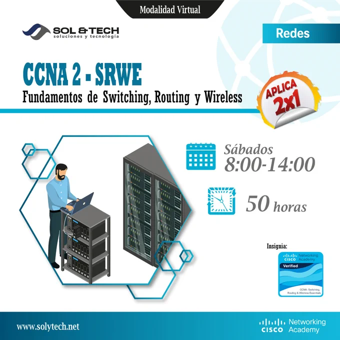 Ya diste el primer paso, ahora avanza y potencia tu perfil en tecnología con CCNA 2. Domina conceptos clave de redes empresariales, mejora tu lógica de configuración y prepárate para nuevos retos. 
¡Es tu momento de avanzar!”
Contamos con la Promoción 2x1...