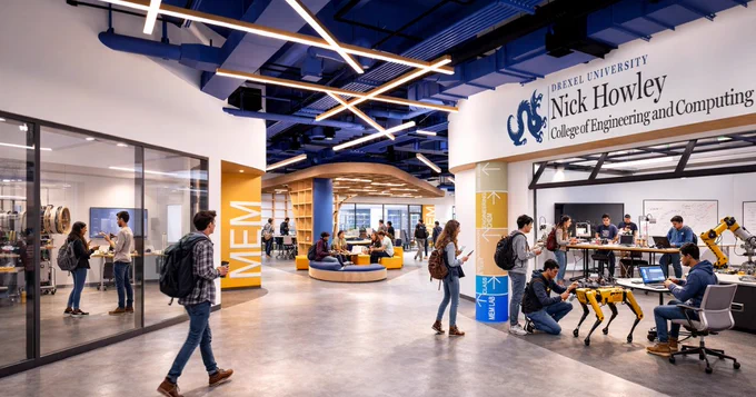 Students collaborate and work with robotic dogs inside Drexel University's Nick Howley College of Engineering and Computing lab space.