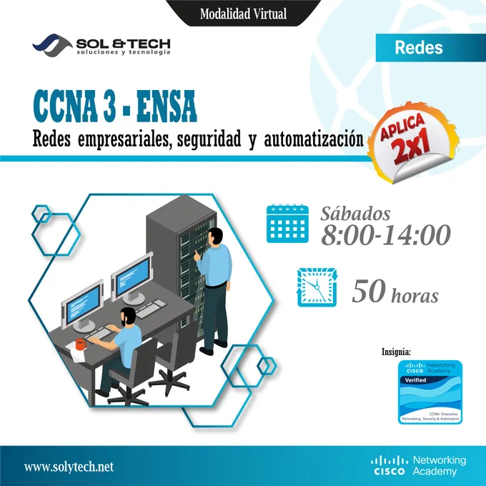 Culmina tu ruta en redes básica con CCNA 3. 
Integra todo lo aprendido y adquiere habilidades avanzadas para enfrentar entornos reales. 
¡Haz que tu perfil destaque!


💰 Costos: 
Estudiantes    $240
Profesionales $295

📆 Desde el Sábado 27 de Junio.