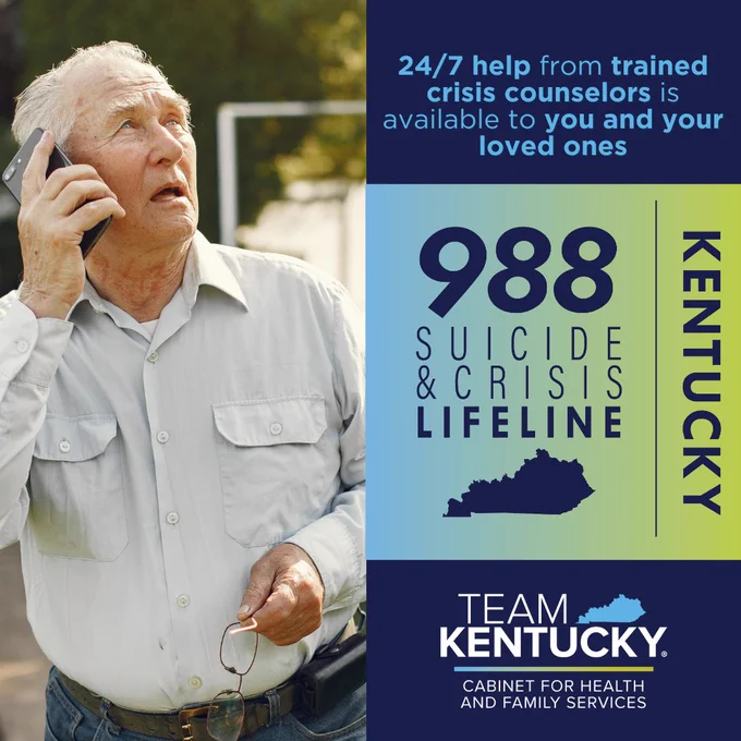988 Suicide and Crisis Lifeline Kentucky

24/7 help from trained crisis counselors is available to you and your loved ones

The Team Kentucky Cabinet for Health and Family Services logo