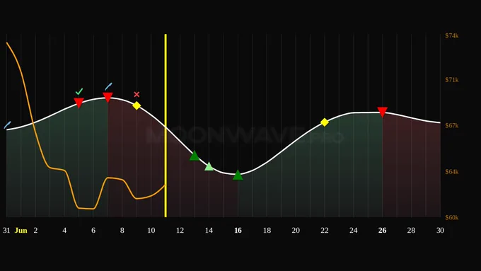 Moonwave 4-week Predicted Market Sentiment chart for June 11, 2026. The chart shows predicted bullish/bearish bias with high-probability buy/sell/derisk points. The price of BTC is displayed as an orange line.