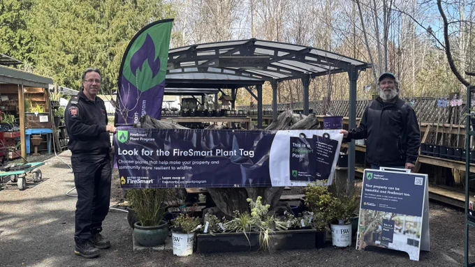 Two individuals are standing outdoors in front of a garden display, holding a large FireSmart Plant Program banner. The setting appears to be a plant nursery, with various plants and a greenhouse structure in the background.
