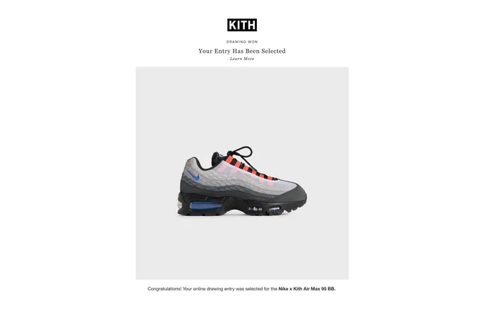 A screenshot of an email noting a winning raffle entry for the Nike x Kith Air Max 95 BBs.