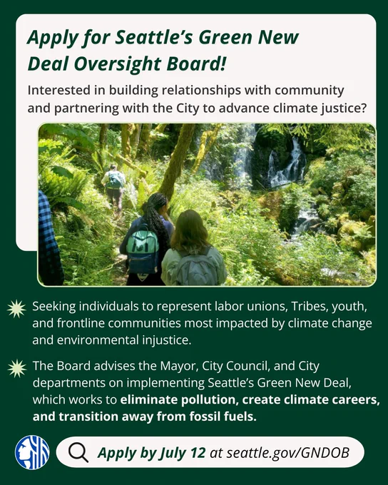 Group of people hiking through a lush forest with a waterfall, announcing Seattle Green New Deal Oversight Board Applications 