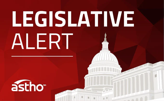 Red and white graphic featuring the U.S. Capitol Building on the right. Large text reads "Legislative Alert" and smaller text displays "astho" at the bottom left.