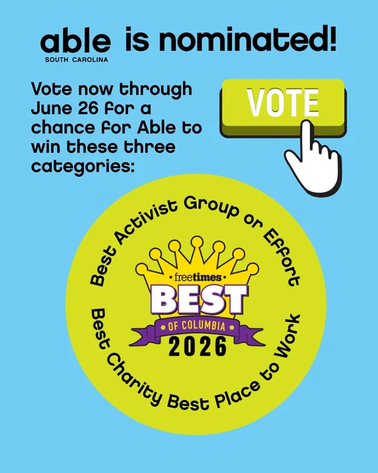  'vote' button and text, 'Free Times Best Of Columbia 2026, About SC is nominated! Vote for Able now through June 26 for: Best Activist Group of Effort, Best Charity, Best Place to Work.'
