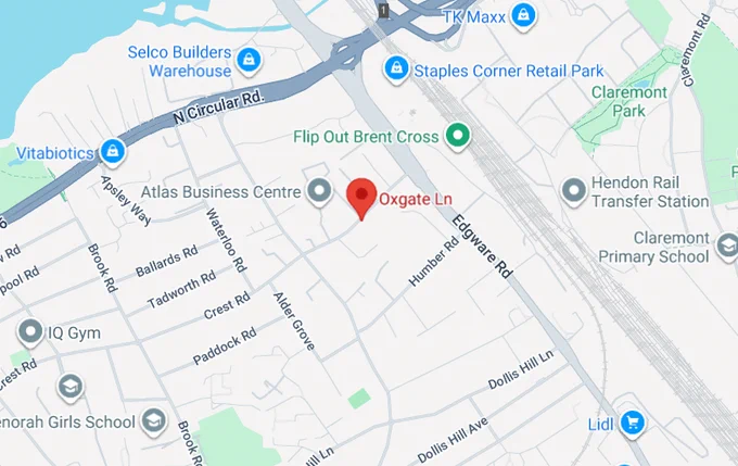 Map showing the location of a fire on Oxgate Lane, Brent