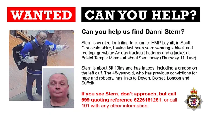 Two photos of Danni Stern including a CCTV image showing clothes worn.  Wording says:  Can you help us find Danni Stern?​  ​  Stern is wanted for failing to return to HMP Leyhill, in South Gloucestershire, having last been seen wearing a black and red top, grey/blue Adidas tracksuit bottoms and a jacket at Bristol Temple Meads at about 9am today (Thursday 11 June).​  ​  Stern is about 5ft 10ins and has tattoos, including a dragon on the left calf. The 48-year-old, who has previous convictions for rape and robbery, has links to Devon, Dorset, London and Suffolk.​  ​  ​If you see Stern, don’t approach, but call 999 quoting reference 5226161251, or call 101 with any other information.​