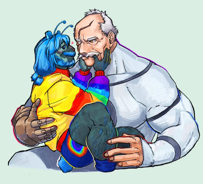 Digital art of Kipaku sitting in Conquest’s lap and holding his face