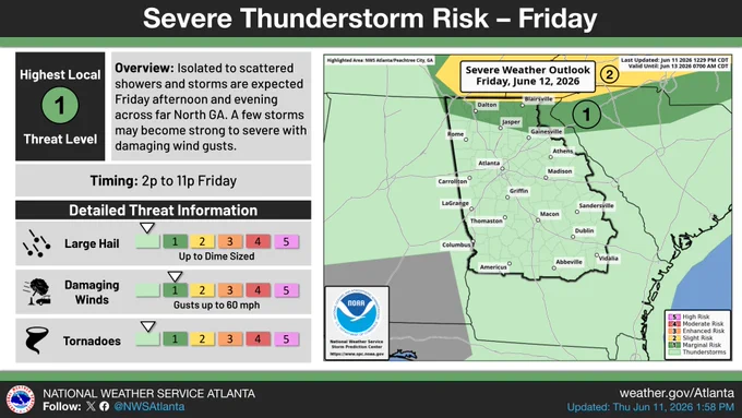 On the left, forecast details. On the right, a map of the severe weather outlook.