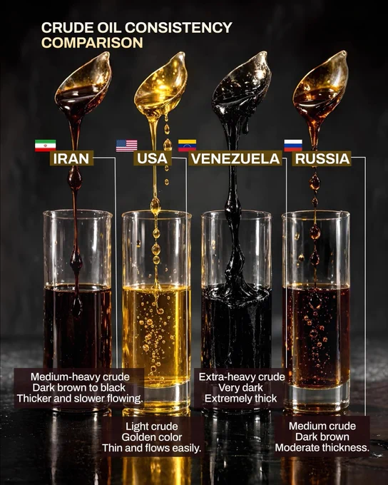 Crude oil from different countries varies in density, color, and viscosity. 

Oil produced in the United States is often light crude, meaning it is thinner and flows more easily. 
Crude oil from Iran and Russia is generally medium to heavy, which makes it darker and thicker than light crude. 

Venezuela is known for producing extra-heavy crude oil, which is extremely thick and can look similar to tar. 

According to the Wyoming State Geological Survey, these differences are mainly measured using API gravity, which determines whether crude oil is light or heavy (Wyoming State Geological Survey, Oil and Gas Classification).