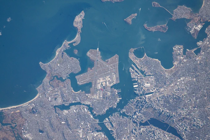 (Dec. 3, 2024) --- Boston Logan International Airport on Massachusetts Bay is pictured from the International Space Station as it orbited 263 miles above. Photo: NASA