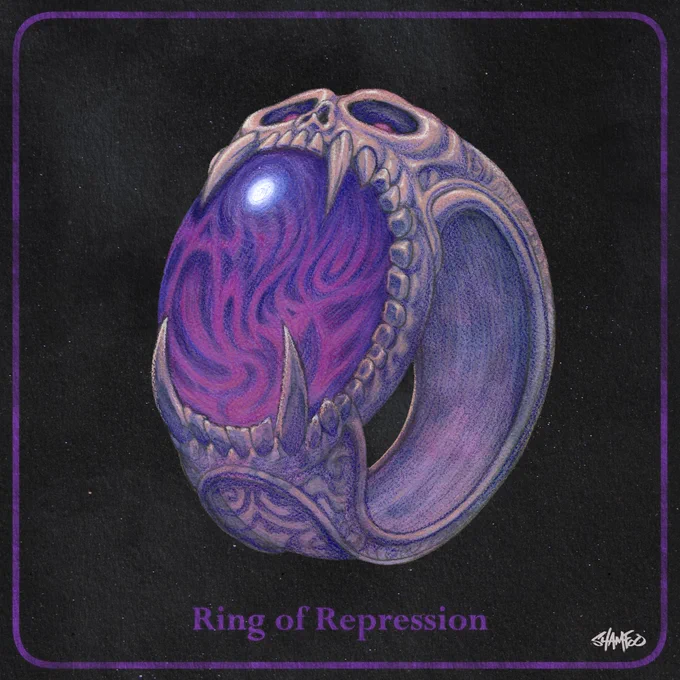 An illustration of a demonic looking ring with a scull face. It has a big jewel in the center of it containing what looks like lost souls.