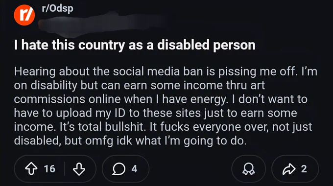Reddit post that states:

"I hate this country as a disabled person

Hearing about the social media ban is pissing me off. I’m on disability but can earn some income thru art commissions online when I have energy. I don’t want to have to upload my ID to these sites just to earn some income. It’s total bullshit. It fucks everyone over, not just disabled, but omfg idk what I’m going to do."