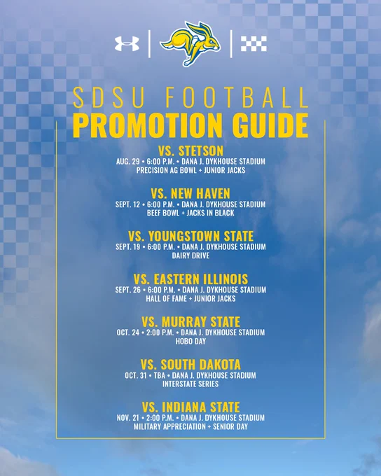 Blue and yellow South Dakota State football promotional graphic with a checkered and sky background. The header reads “SDSU Football Promotion Guide” with logos across the top. The graphic lists home games at Dana J. Dykhouse Stadium with opponents, dates, times, and themes, including:

vs. Stetson (Aug. 29, 6:00 p.m.) – Precision Ag Bowl   Junior Jacks
vs. New Haven (Sept. 12, 6:00 p.m.) – Beef Bowl   Jacks in Black
vs. Youngstown State (Sept. 19, 6:00 p.m.) – Dairy Drive
vs. Eastern Illinois (Sept. 26, 6:00 p.m.) – Hall of Fame   Junior Jacks
vs. Murray State (Oct. 24, 2:00 p.m.) – Hobo Day
vs. South Dakota (Oct. 31, TBA) – Interstate Series
vs. Indiana State (Nov. 21, 2:00 p.m.) – Military Appreciation   Senior Day