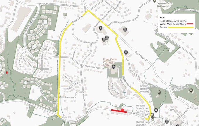 Map showing an area of Ellicott City where a portion of Main Street in the 8500 block will be closed on June 11, 2026 starting at 6:00 p.m. for six hours due to water main repair work. Road closure area shown in read. Area of the nearby roadway in yellow shows the detour route around the closure.