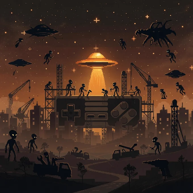 retro dark pixel city with aliens and construction of a retro controller