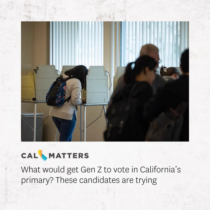 The image shows people using voting booths in a room with large windows. The text on the image includes the CalMatters logo and a headline about Gen Z voting in California’s primary election.