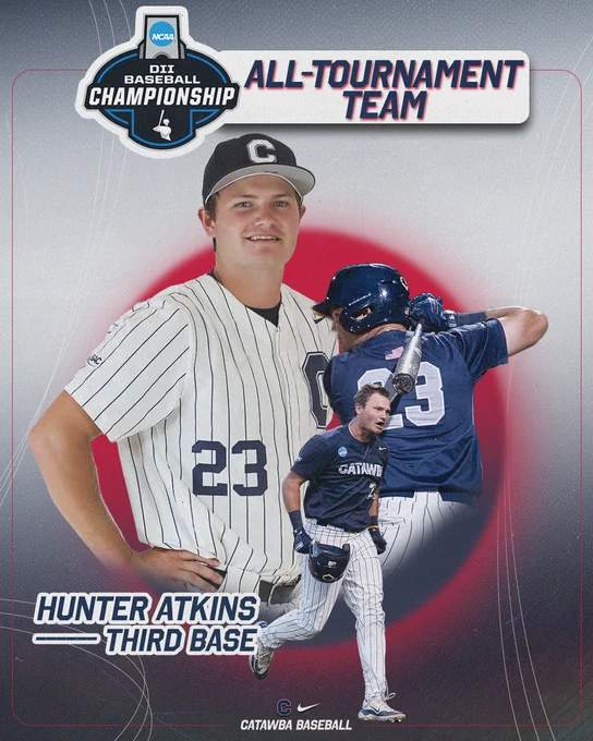 Graphic depicting Hunter Atkins' selection to the NCAA DII Baseball Championship All-Tournament team.