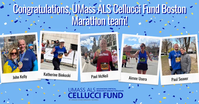 Five marathon runners from the UMass ALS Cellucci Fund Boston team are shown in action and posing, celebrating their achievement.