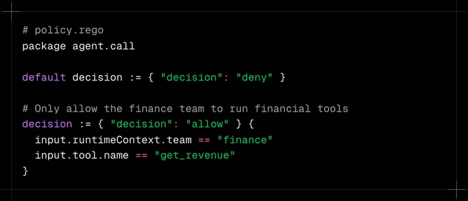 Code snippet outlines a policy for agent actions, defaulting to deny, with specific rules for allowing finance tool access:

# policy.rego
package agent.call

default decision := { "decision": "deny" }

# Only allow the finance team to run financial tools
decision := { "decision": "allow" } {
  input.runtimeContext.team == "finance"
  input.tool.name == "get_revenue"
}