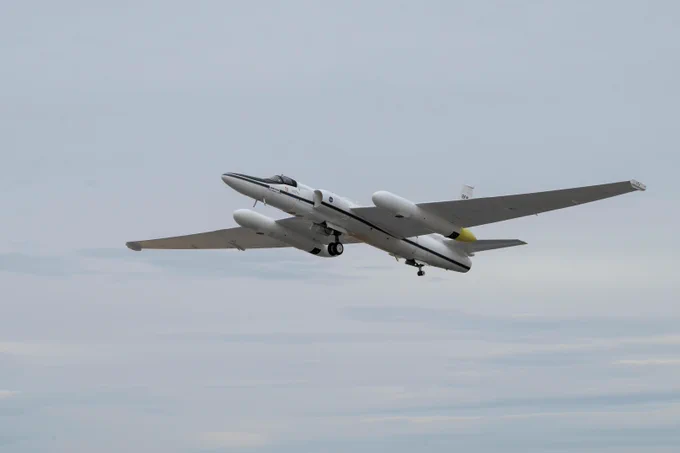 A NASA ER-2 high-altitude aircraft takes off from NASA’s Armstrong Flight Research Center in Edwards California on Tuesday, March 31, 2026, to support the Geological Earth Mapping Experiment (GEMx) airborne science mission. Credit: NASA/Carla Escamilla