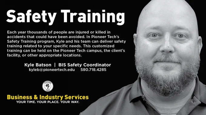 Black and white flyer promoting customized safety training by Kyle Batson, BIS Safety Coordinator at Pioneer Tech, with contact details included.