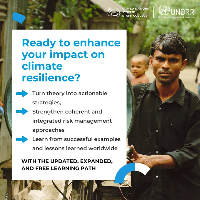 Promotional graphic for a free learning path on climate resilience by UNDRR, highlighting actionable strategies and global lessons.