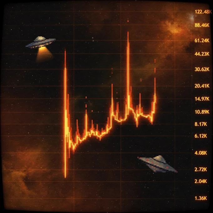 crypto chart, fire and ufos