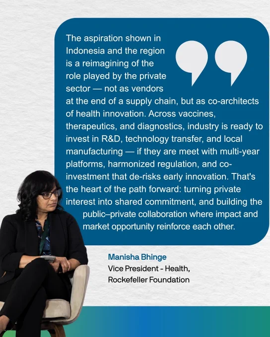 The image features a person sitting on a chair against a background with a large speech bubble. The speech bubble contains a quote about the role of the private sector in health innovation, emphasizing investment in research, technology transfer, and collaborative efforts. The quote is attributed to Manisha Bhinge, Vice President - Health at the Rockefeller Foundation.